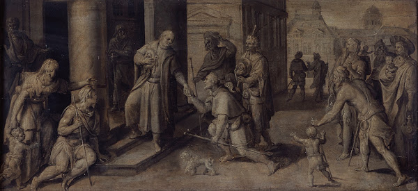 Saint Luke Giving three Pilgrims Alms