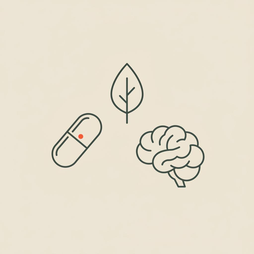 Minimal Tonum-style line illustration of a capsule, leaf and simple brain icon on beige background suggesting nutrition and neurotransmitter depletion