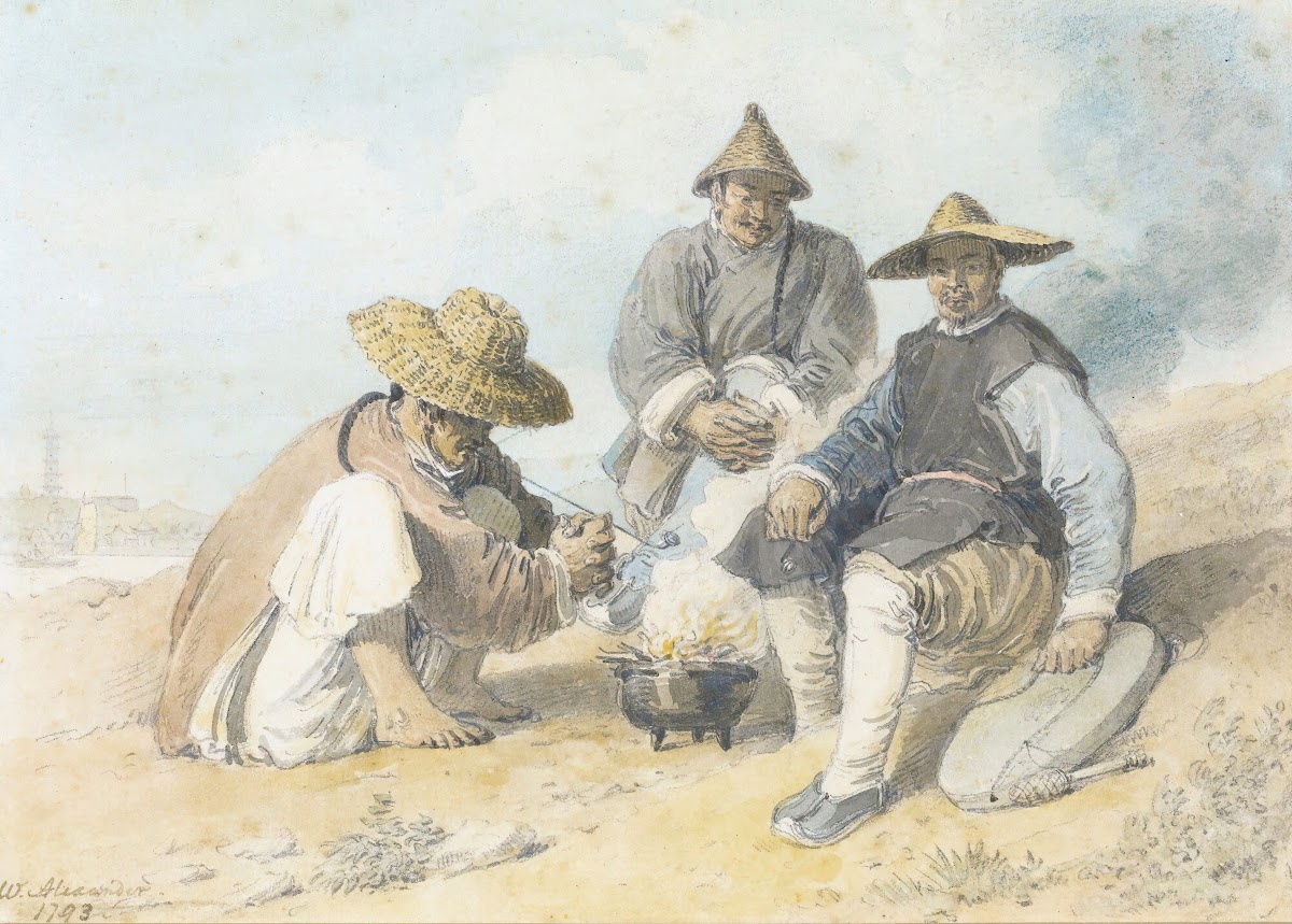 Three Chinese Figures SmokingThe Bridge Pagoda ShanghaiBeyond 1793