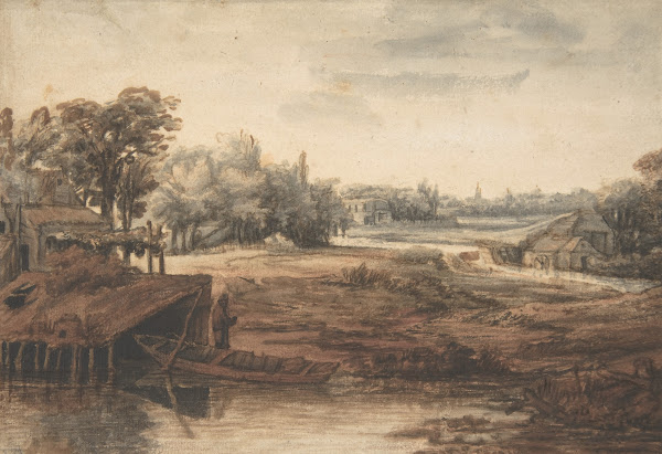 River Landscape with a Man Standing by a Boathouse mid 17thlate 17th century
