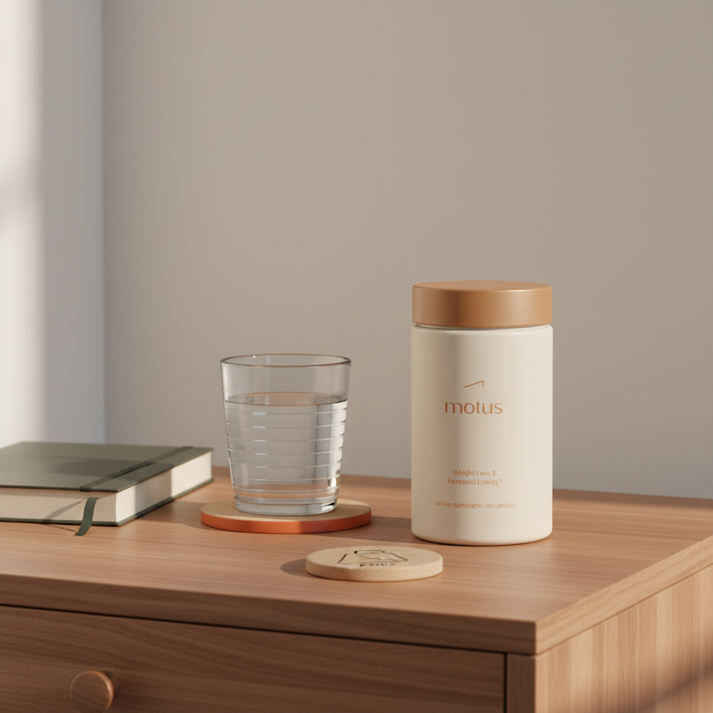 Motus supplement container on bedside table with journal and glass of water in soft morning light, minimalist Tonum scene highlighting Motus label, thermoburn side effects