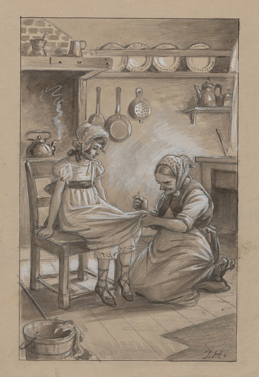 A woman is kneeling next to a girl sitting on a stool The woman is sewing the gi