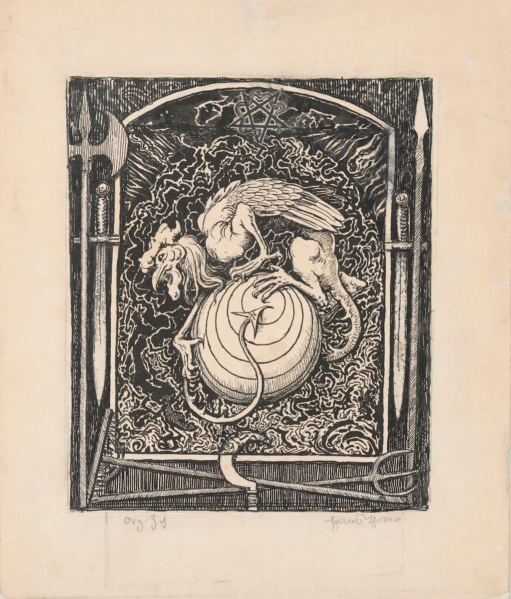 Winged creature with roosters head embracing a ball after 1900