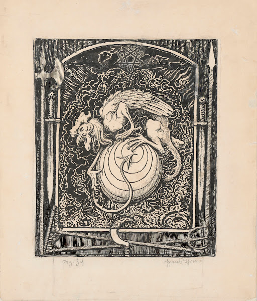 Winged creature with roosters head embracing a ball after 1900