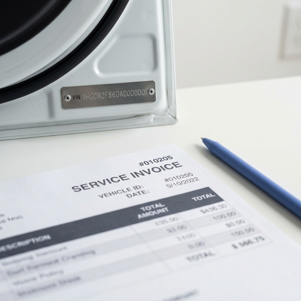 Close up of service invoice and VIN plate showing documentation details for a porsche panamera for sale with white background and CarFax Deals blue accents