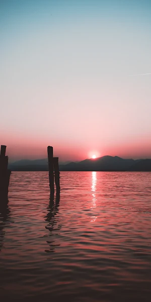 Lake Sunrise, Pink Sunset, Water Reflections, Wooden Pilings Full HD iPhone Wallpaper Background