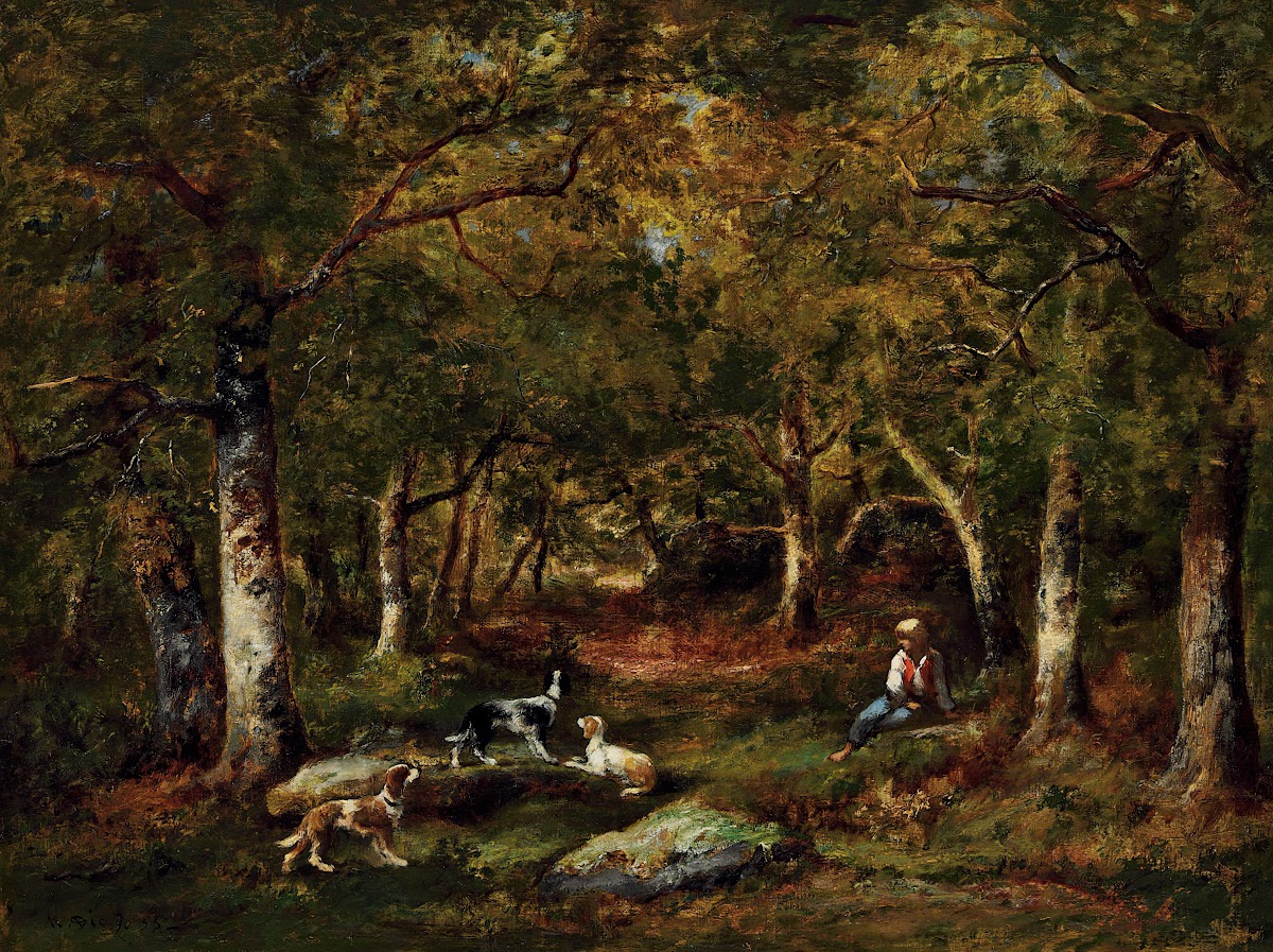 Enfant Et Chiens De Chasse En Forêt 1855