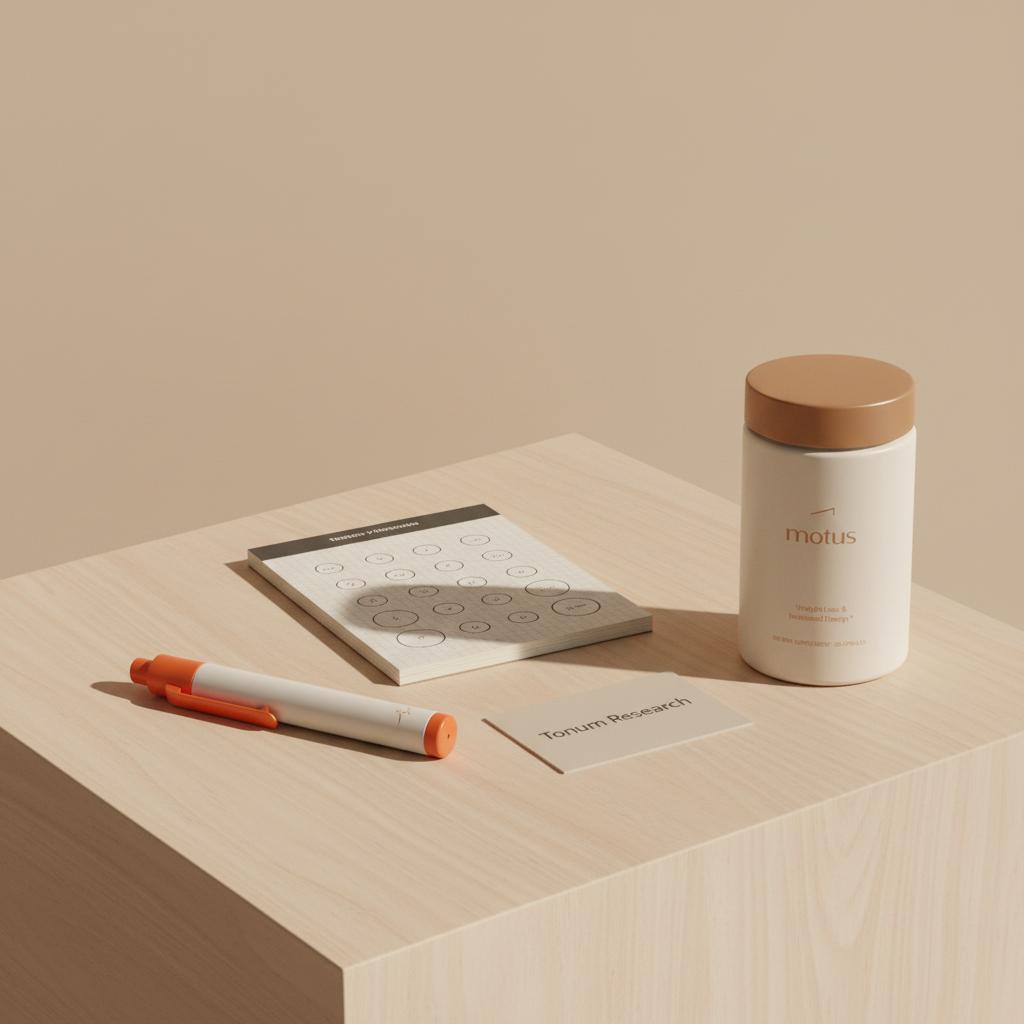 Minimalist bedside table with capped insulin pen, notebook showing an injection-site grid, a Tonum Research reference card and the Tonum product from reference photos — two finger trick for diabetes