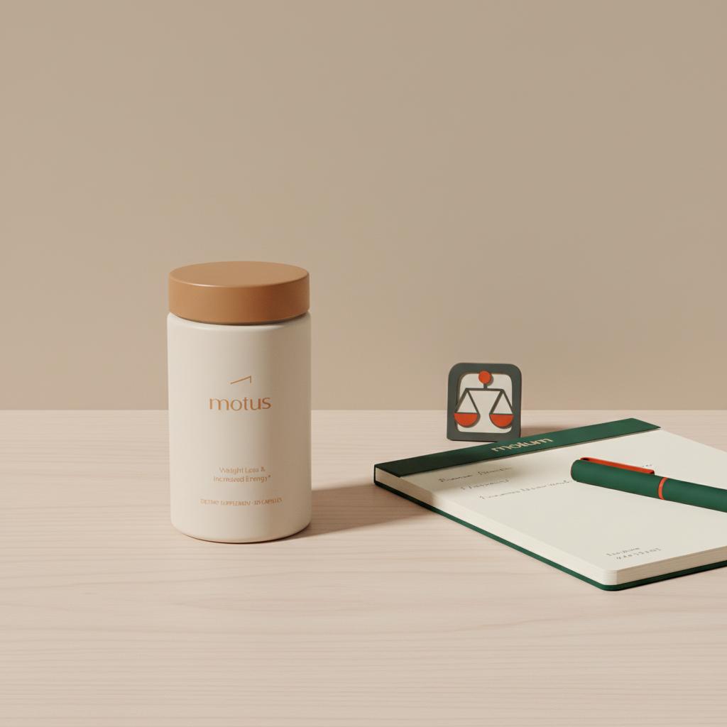 Motus supplement bottle on a light wooden table with a notepad and pen in a minimalist Tonum scene, showcasing the best non-stimulant fat burner in calm beige brand colors