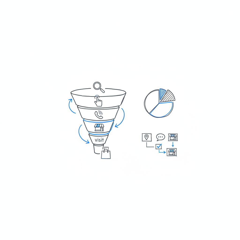 Minimal vector hand-drawn funnel sketch on white paper showing search-to-sale stages using icons (magnifying glass, cursor, phone, storefront, purchase), highlighting local google ads