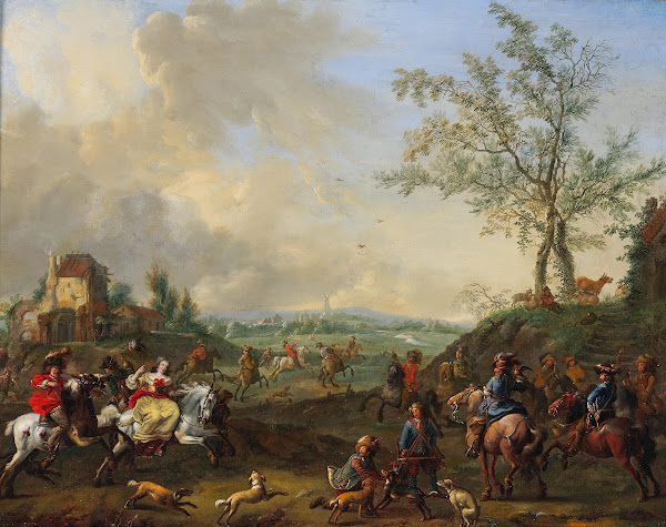 Elegant Riders In A Hunting Scene With Falcons