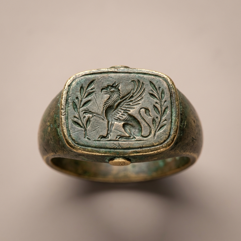 Macro close up of a bronze bezel ring with carved intaglio and aged patina on a warm neutral background ede7da showcasing iconography and wear ancient egyptian wedding rings
