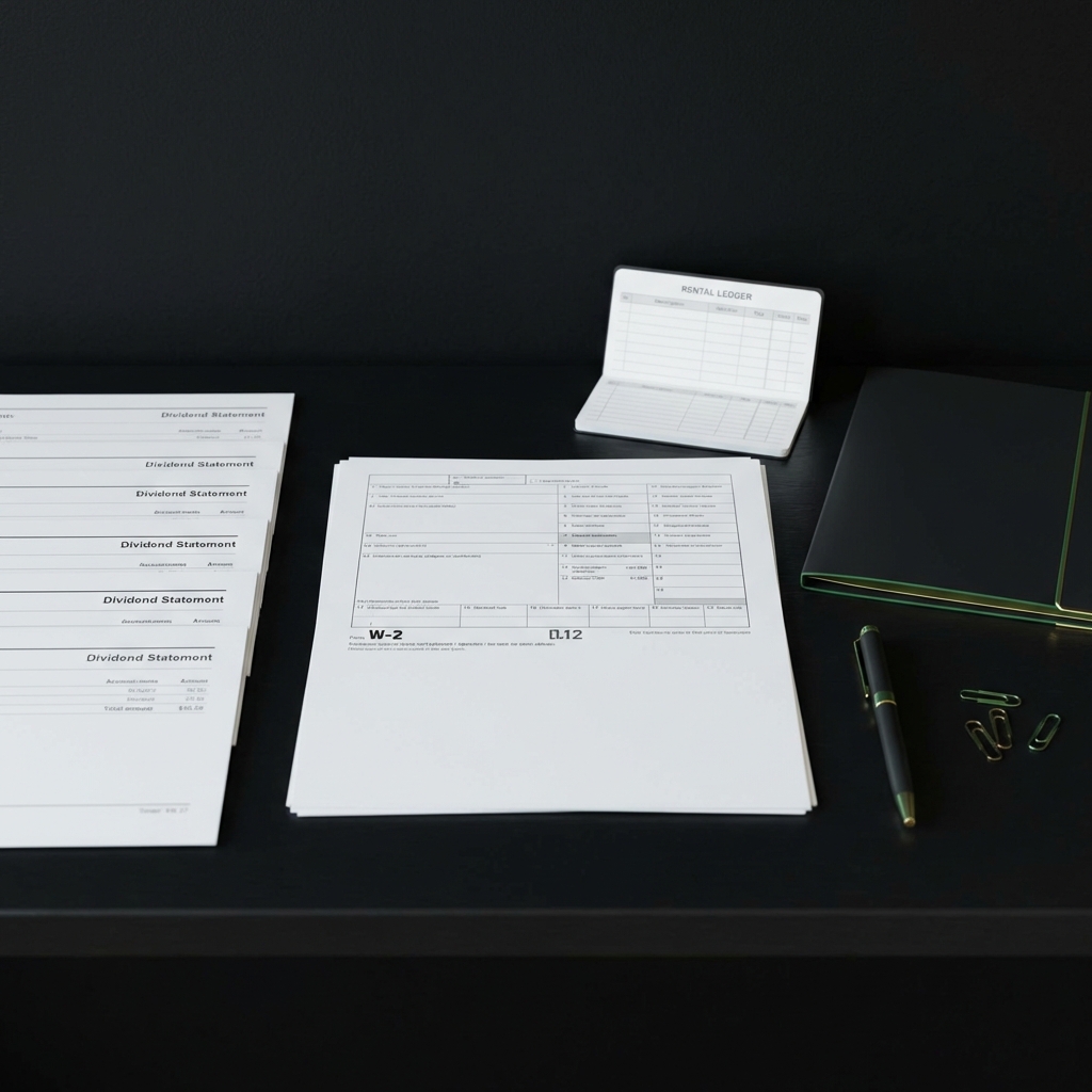 What are the 4 categories of income? Photorealistic organized desk with a W-2 form stack of dividend statements and a small rental ledger on a dark #0f0f0f background subtle green and gold brand accents