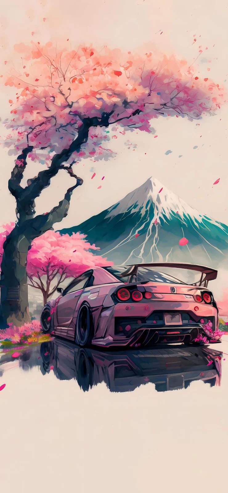 Nissan GT-R Under Cherry Blossoms - Digital Watercolor Illustration Full HD iPhone Wallpaper (1284x2778)