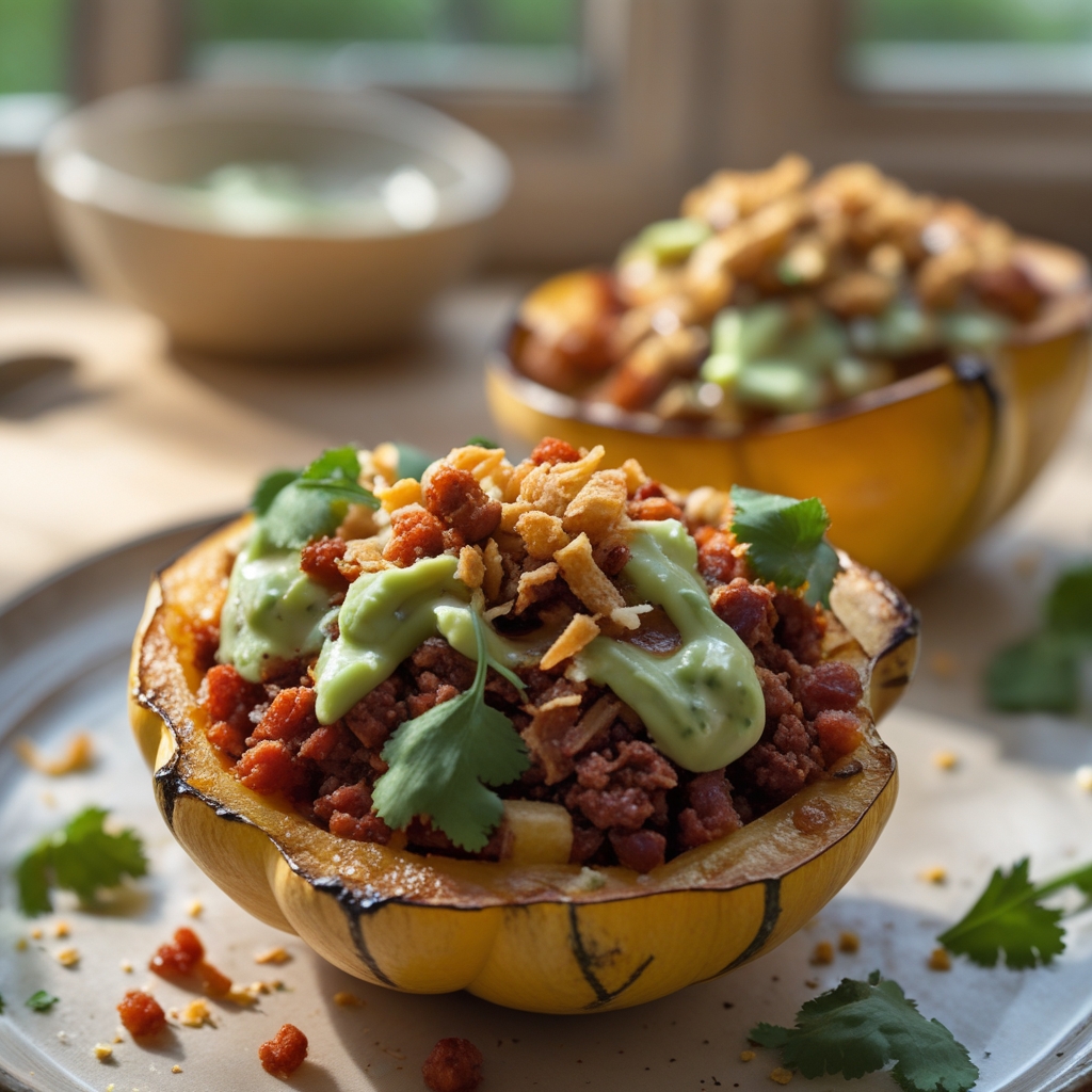 Spicy Mexican Bison-Stuffed Delicata Squash with Avocado Crema