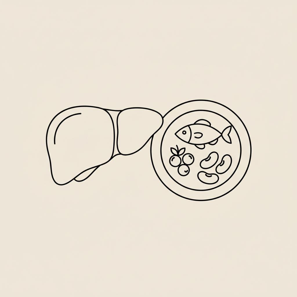 Tonum-style minimalist 2D vector of a stylized liver and plate of whole foods (fish, berries, legumes) on beige background to reduce liver fat