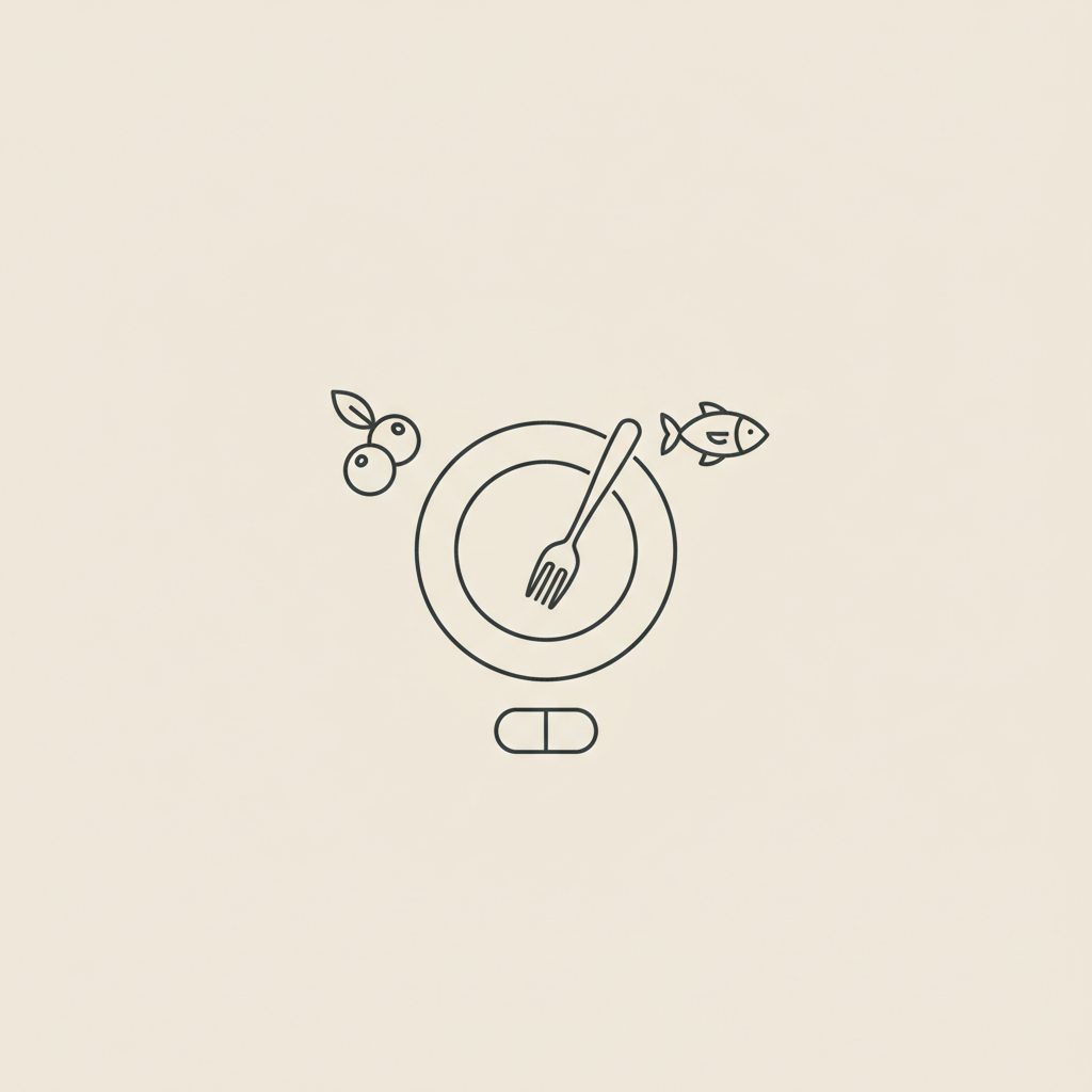 Minimal Tonum-style line illustration of a plate with fork, berry, fish icon and capsule on beige background — can a nutritionist give me a meal plan