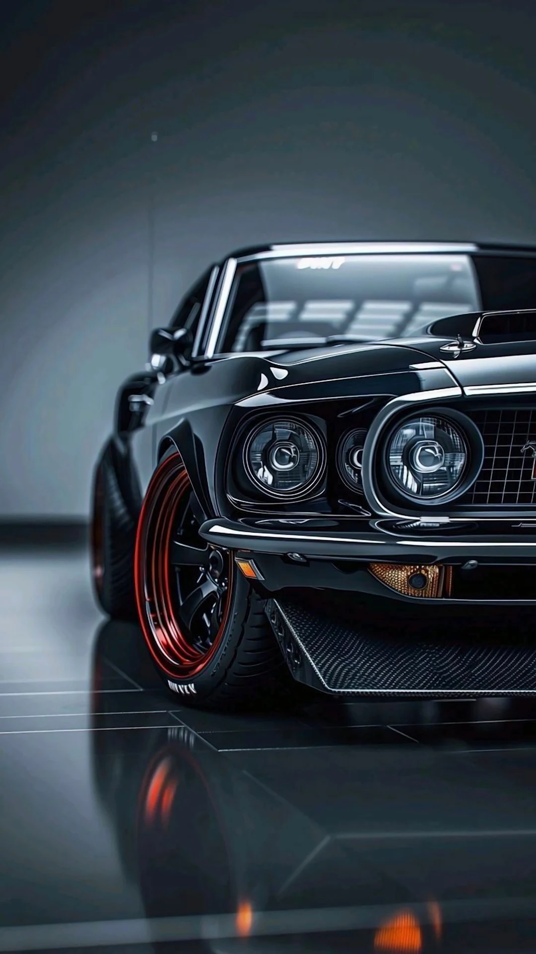 Black muscle car with red rims gleams in dark studio - Free 4K mobile Wallpaper
