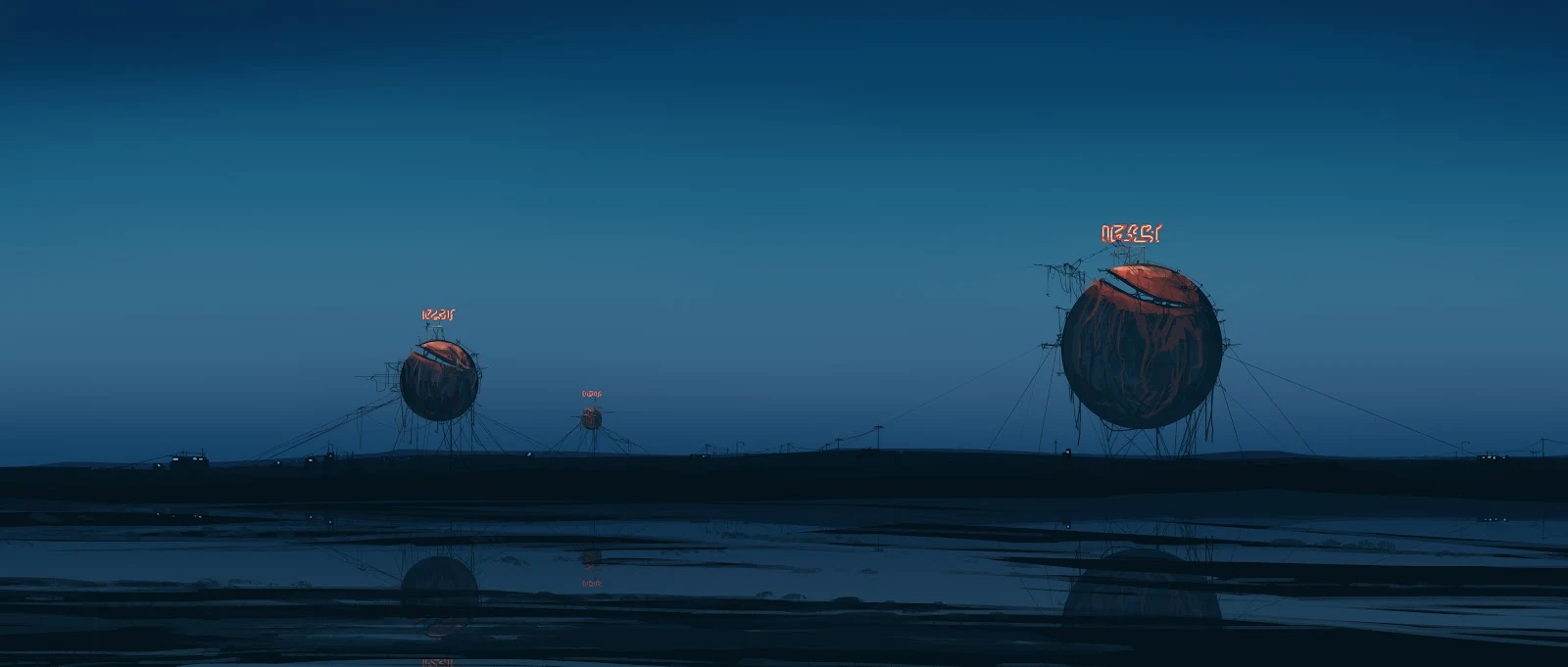 Giant Spherical Pods at Twilight - Sci-Fi Illustration 4K Wallpaper (5640x2400)