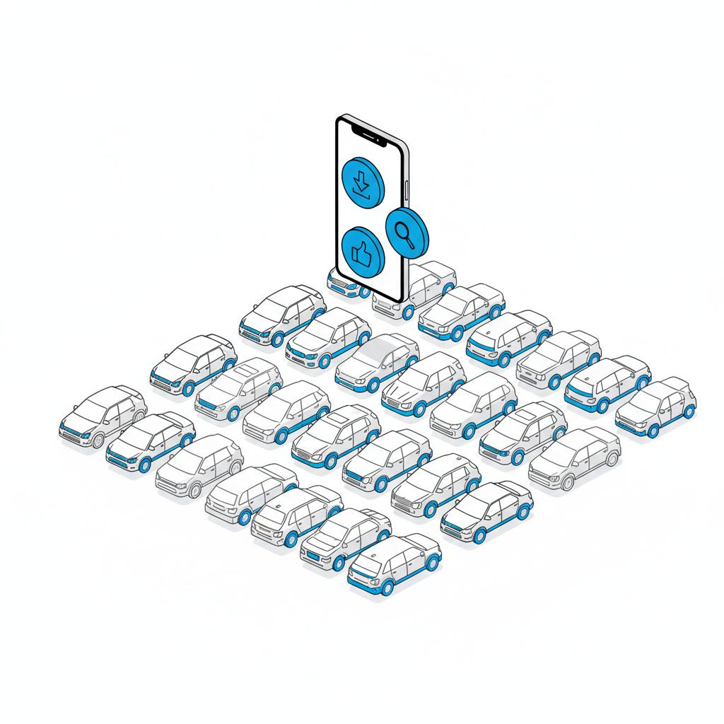 Minimalist 2D vector of a used car dealer lot with mixed SUVs and a floating smartphone showing price analysis icons for kia close to me