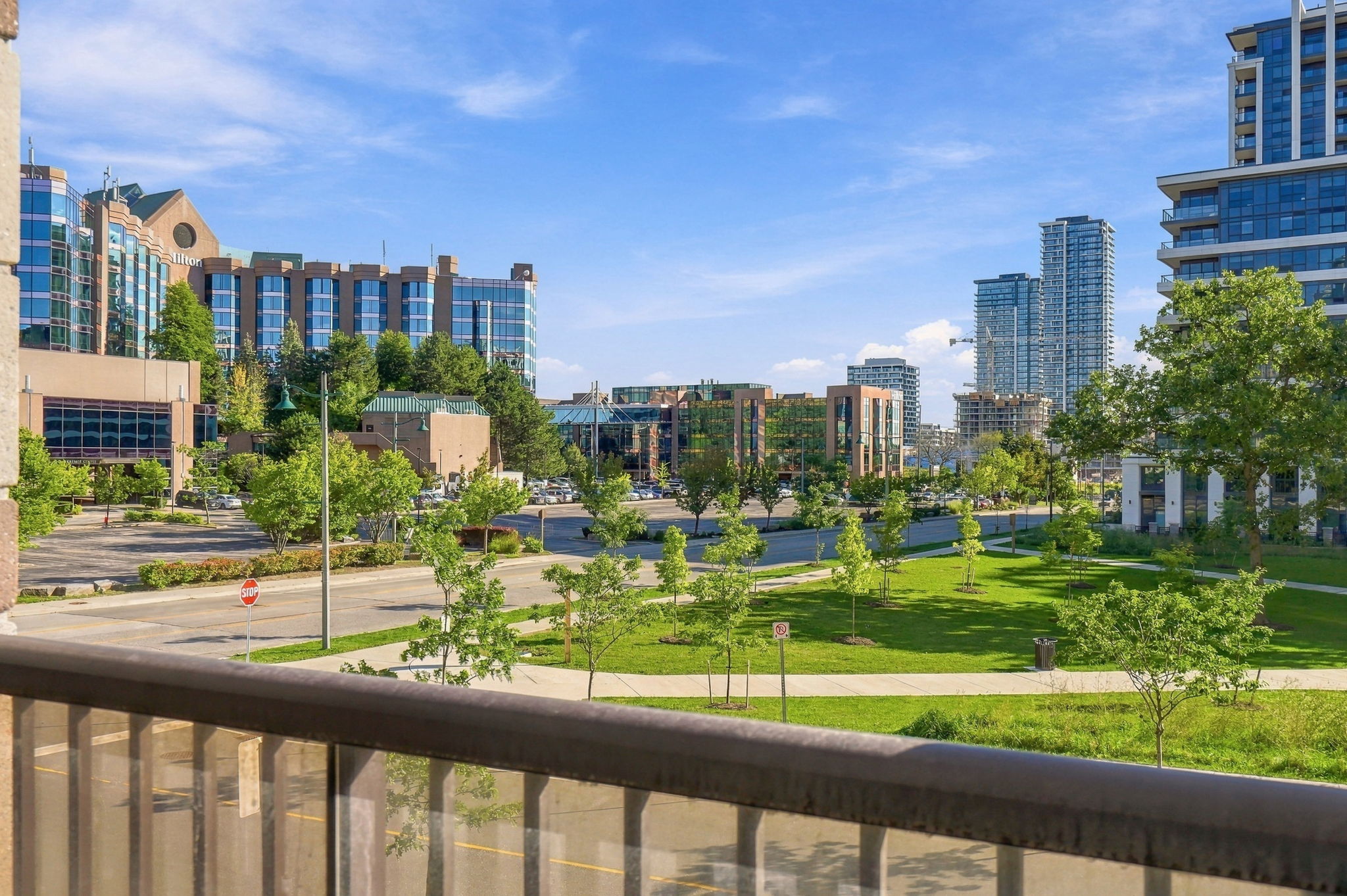 The view from the terrace across the park to the Downtown Markham skyline