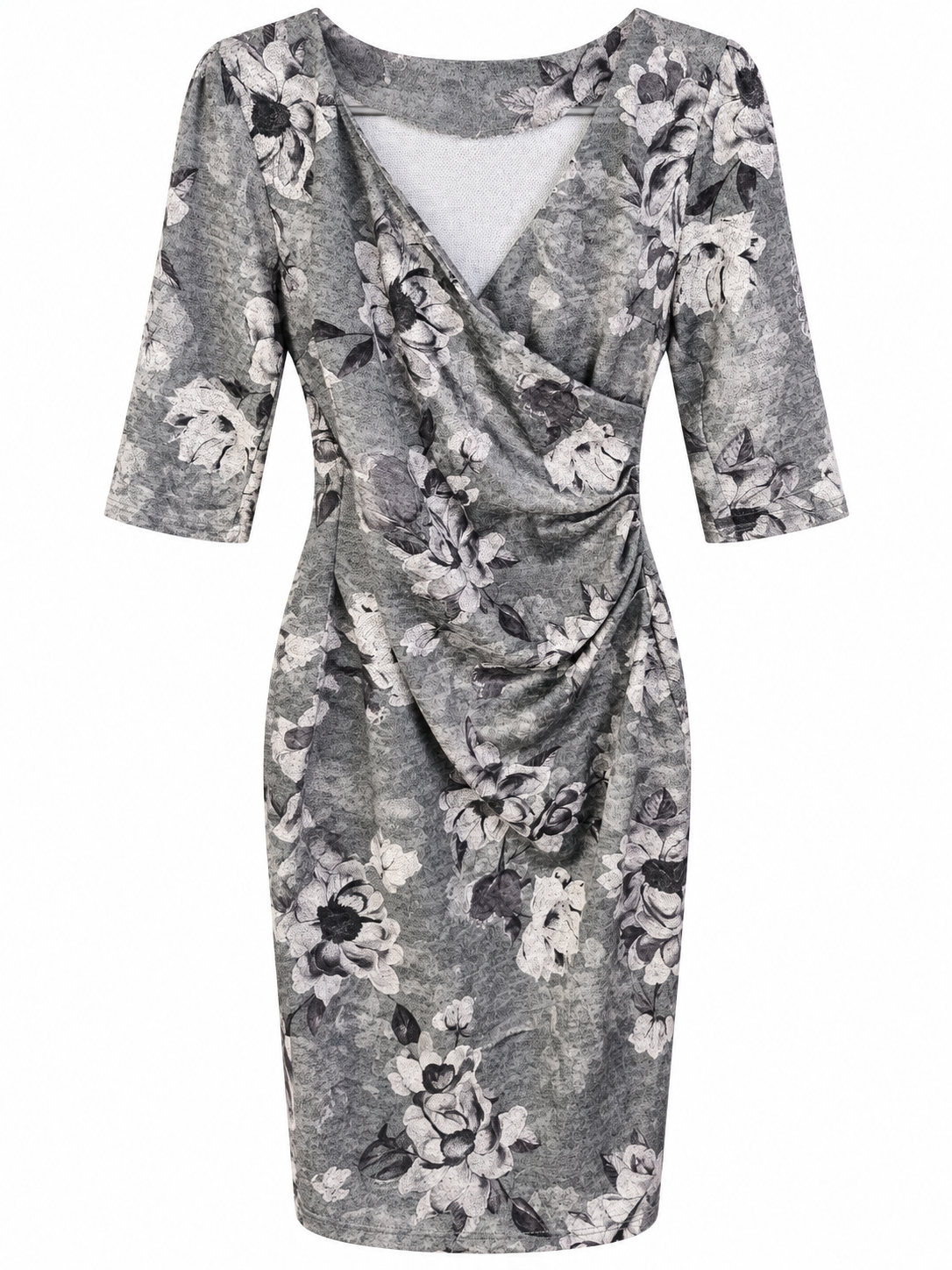 Rochii - Rochie damă Perla Donna gri cu imprimeu floral și drapaj, mărimea 38 / M