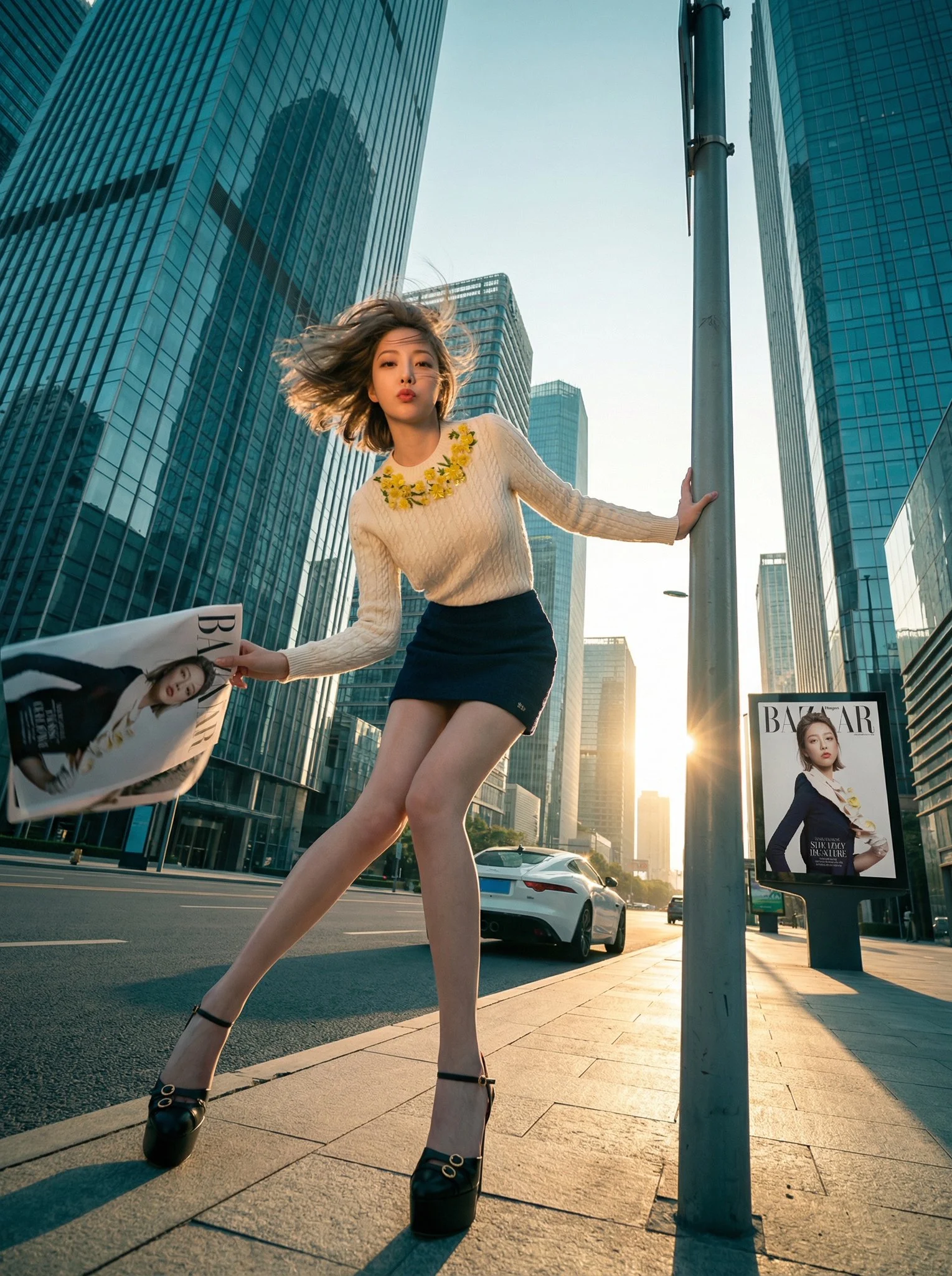 Retrato de diosa urbana: Mujer segura de sí misma al estilo callejero de la hora dorada.