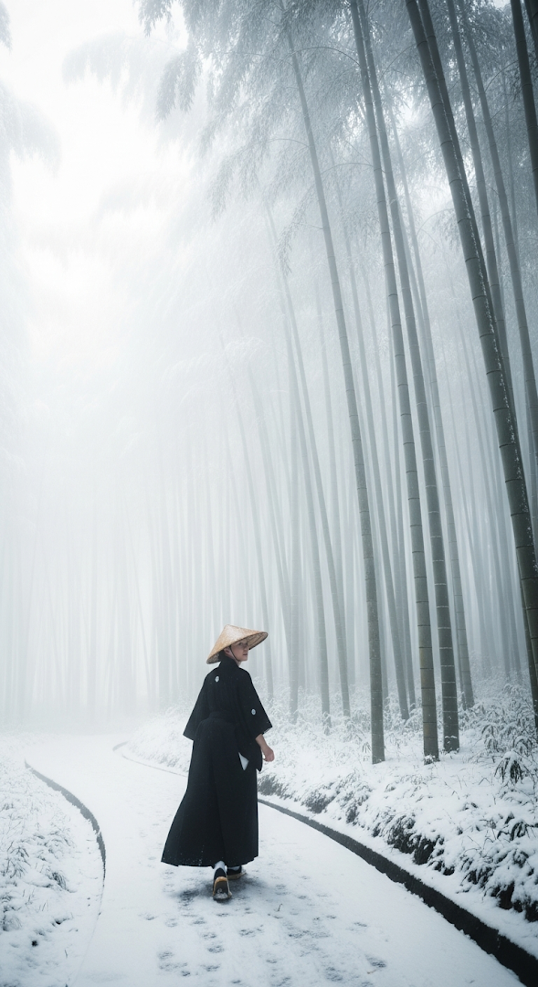 Figure in Black Kimono and Straw Hat Profile in a Misty Snow-Covered Bamboo Forest