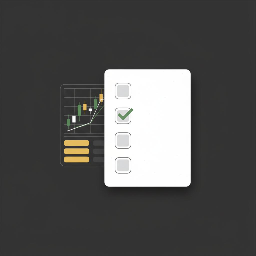 Minimal 2D vector of a paper checklist beside a simplified paper trading screen using brand colors for trade options for beginners