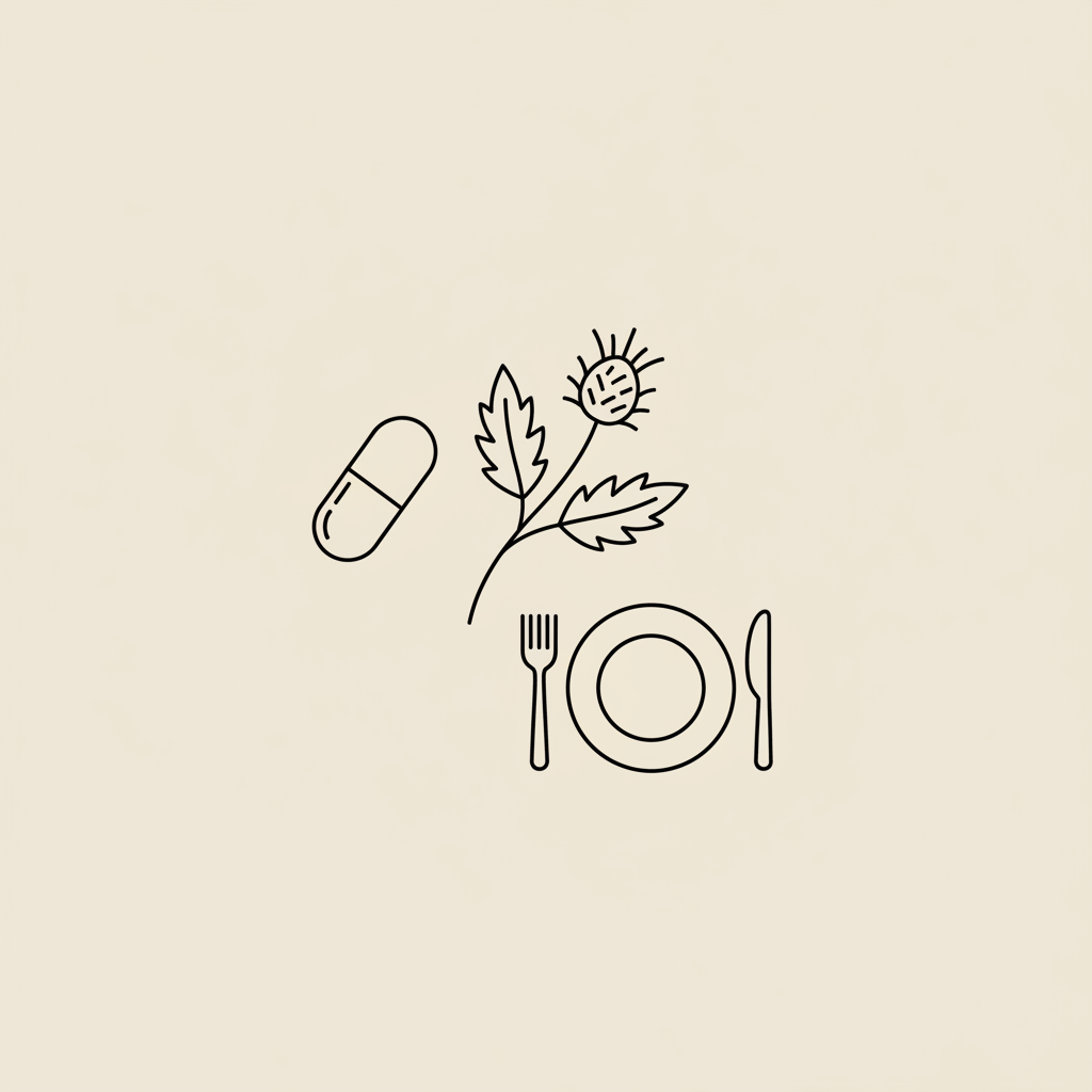 Minimal Tonum-style line illustration of a capsule, milk thistle sprig, and small plate with cutlery on beige background #F2E5D5 representing probiotics for belly fat