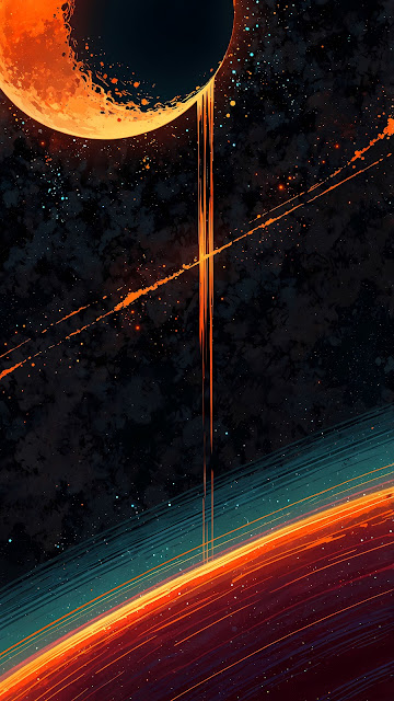 Molten Planet Dripping Lava onto Ringed Orange World - Free mobile Wallpaper