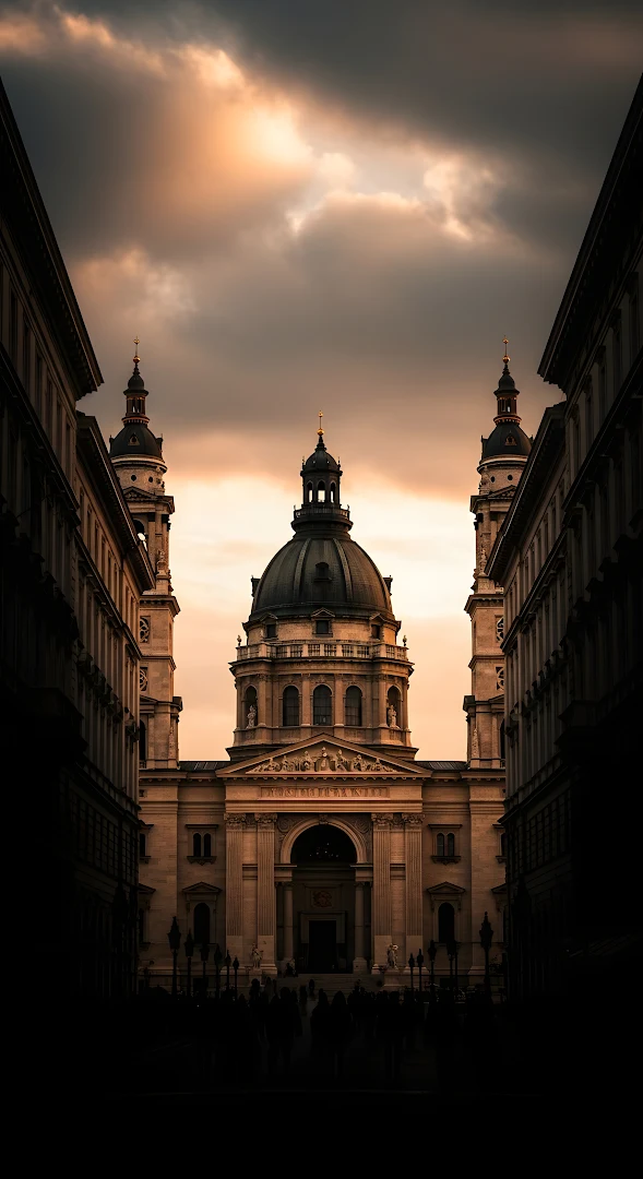 St. Stephen's Basilica at Dusk Framed by Buildings