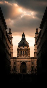 St. Stephen's Basilica at Dusk Framed by Buildings