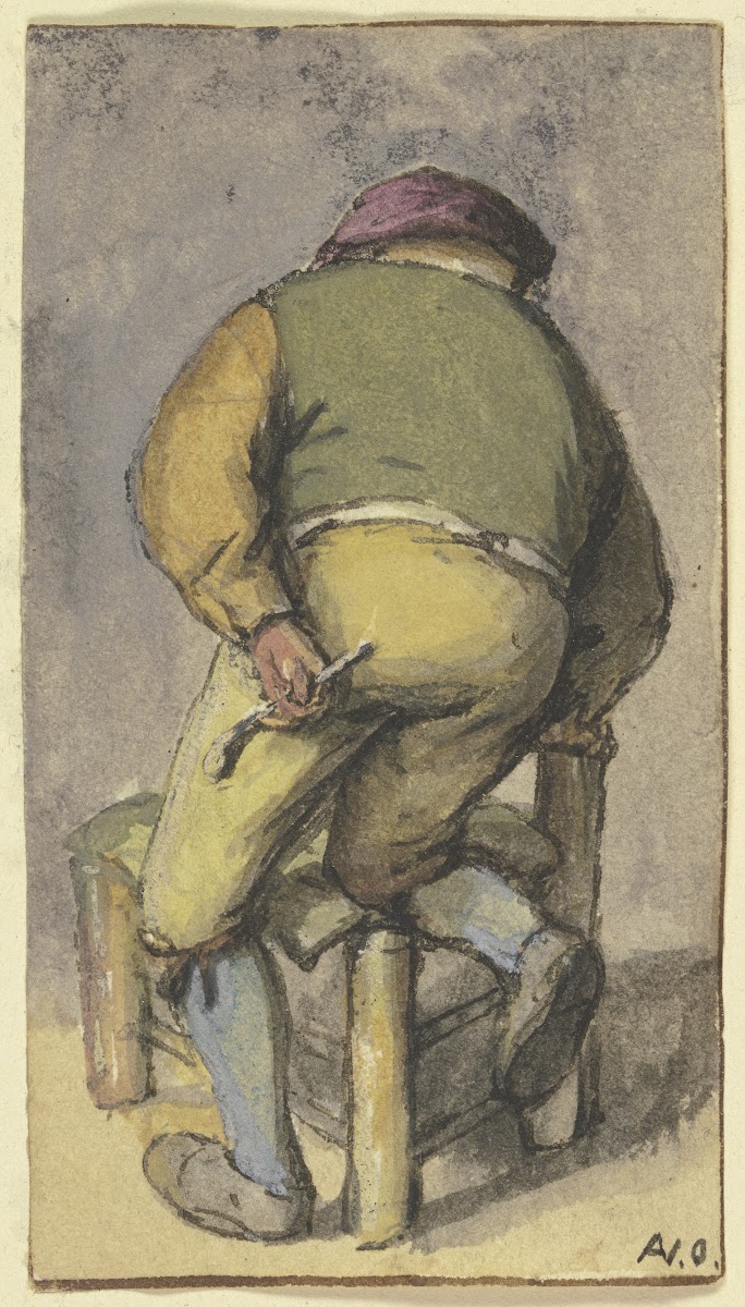 Bauer von hinten mit dem rechten Bein auf einem Stuhl kniend