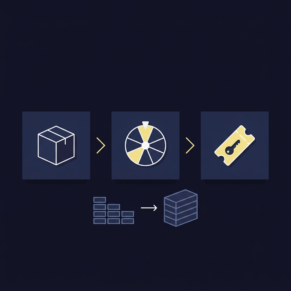 Flat 2D vector diagram showing a box wheel and key ticket connected by arrows with stacked unit blocks illustrating base unit calculations how to bet trifecta
