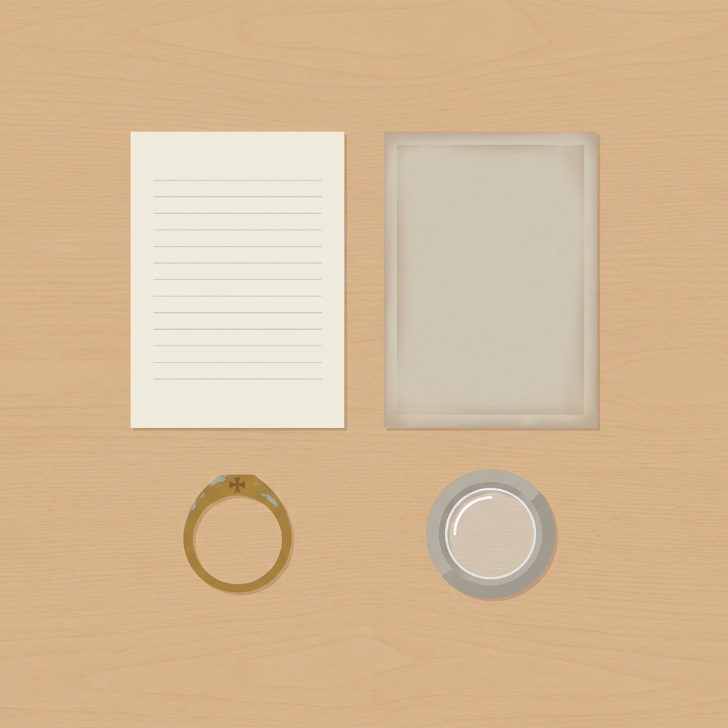 Minimalist 2D vector top view of an antique knights templar ring for sale beside a conservator loupe and provenance photocopy on a wooden table