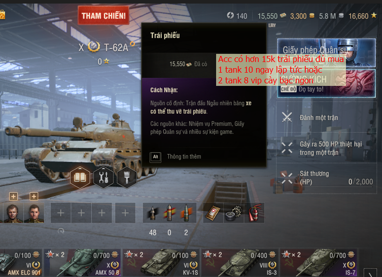 Shop acc WoT PC có 4 tank cấp 10 và Hơn 15K trái phiếu cùng...