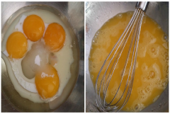 Rây bột mì, bột bắp và bột nở cho mịn màng rồi cho theo thứ tự: 4 lòng đỏ trứng gà (trứng gà ở nhiệt độ phòng), 20g đường, 40g dầu ăn (không dùng dầu ô liu), 20g sữa tươi không đường, 1/4 muỗng cà phê muối vào âu nhôm sạch rồi dùng lồng phới đánh đều cho đường tan hết và các nguyên liệu hoà quyện. Để riêng qua một bên.