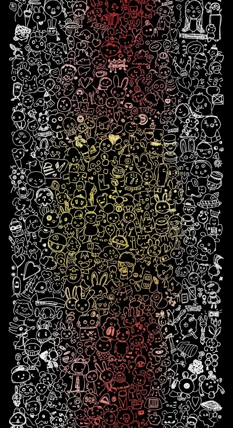 Chaotic White and Color Fan Art Doodle Collage on a Black Background - Free 4K mobile Wallpaper