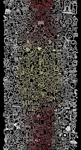 Chaotic White and Color Fan Art Doodle Collage on a Black Background