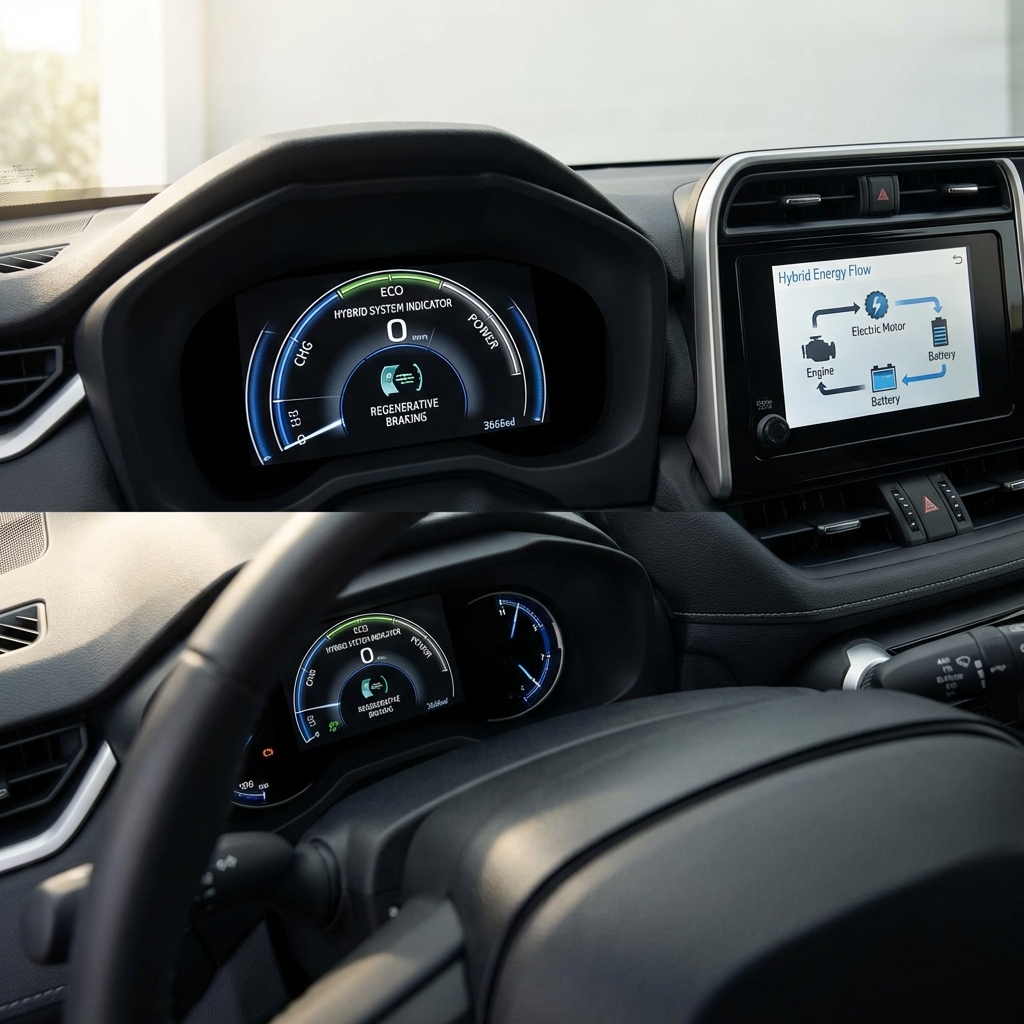 Close up full frame photo of Toyota RAV4 Hybrid dashboard showing hybrid system indicator and regenerative braking cue minimalist white background toyota rav 4 hybrid for sale