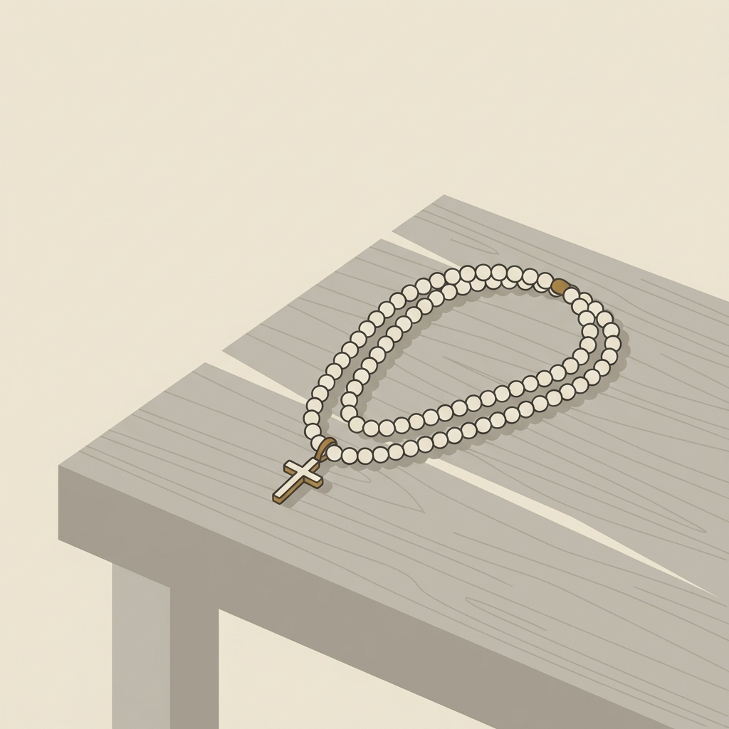 Minimal 2D vector of a medieval locket cruciform pendant resting with layered pearls on a wooden tabletop in Aurora Antiqua palette background #ede7da
