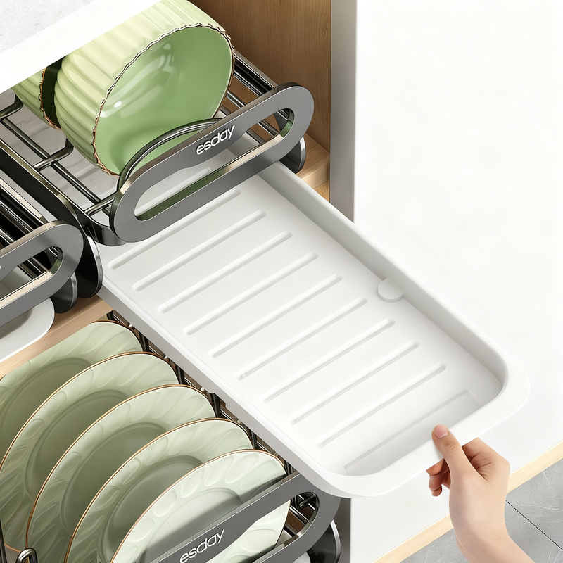 Pull-out dish rack for kitchen cabinets