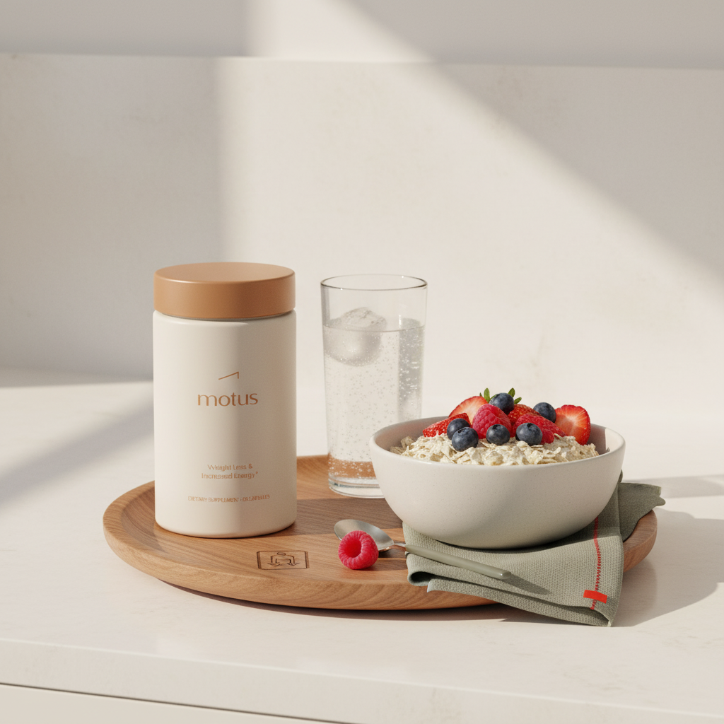 Minimalist breakfast with Motus supplement jar, bowl of rolled oats with berries and sparkling water on a wooden tray — visual for what foods are bad for metabolic syndrome