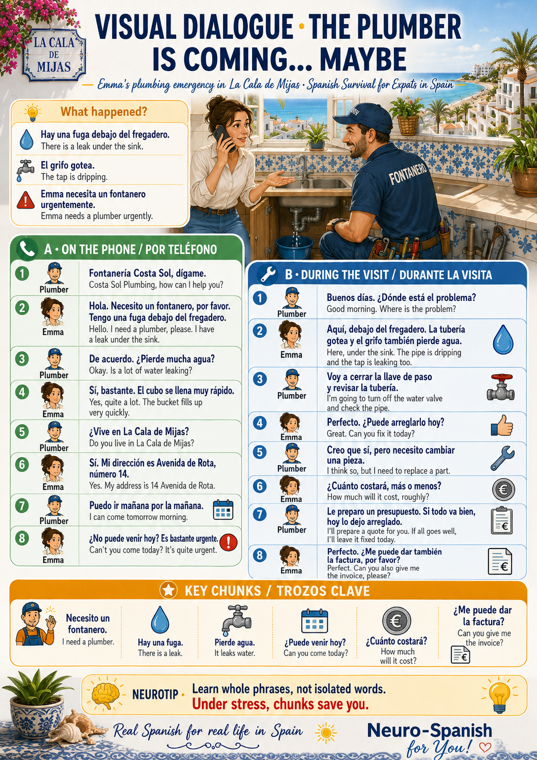 Visual dialogue between Emma and a plumber in La Cala de Mijas, with Spanish and English