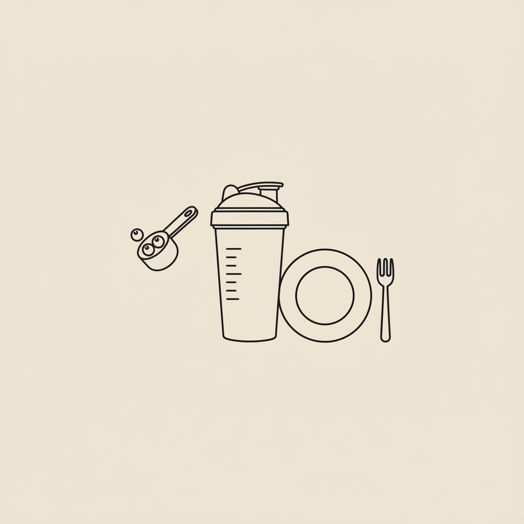Minimalist Tonum-style line illustration of a shaker bottle, small plate with fork, and a protein scoop with berries on beige background — protein shakes for weight loss