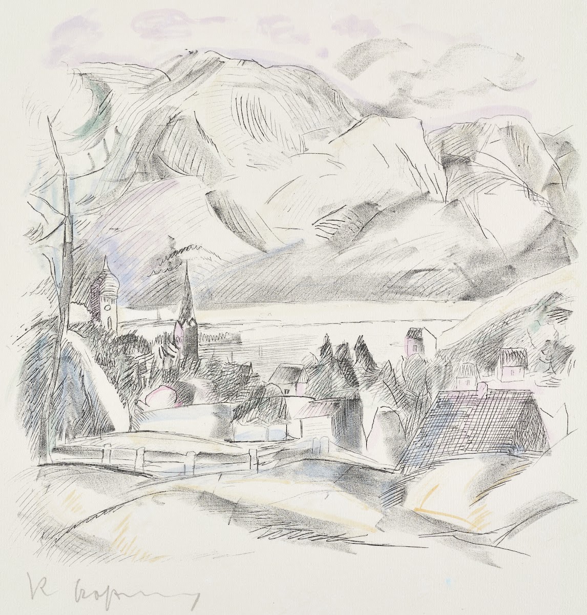 Landschaft mit Dorf am See vor Gebirge 1916