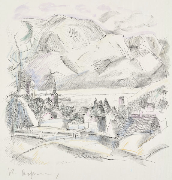 Landschaft mit Dorf am See vor Gebirge 1916
