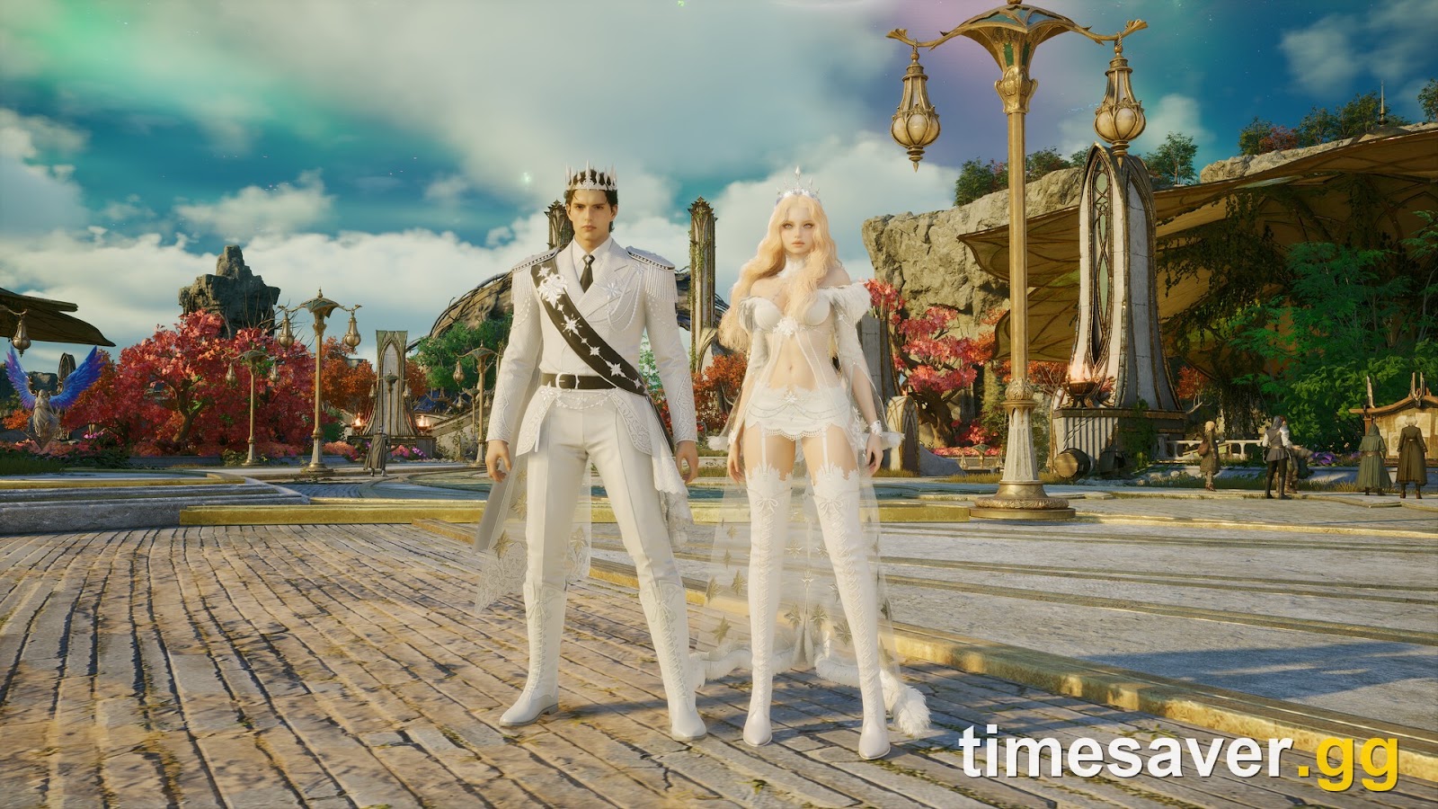 Two AION 2 players wearing ornate white cosmetic outfits in a town plaza — the kind of appearance items Kina and Quna are spent on (official Steam screenshot)