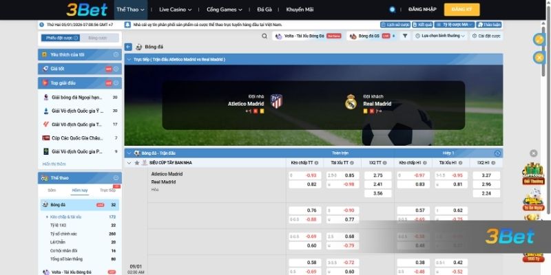 Tỷ lệ kèo Atletico Madrid vs Real Madrid 02h00 ngày 09/01/2026